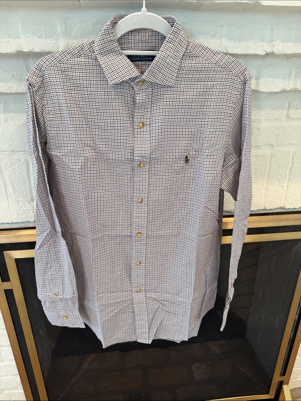 Ralph Lauren Men's White and Blue Micro-Check Dress Shirt